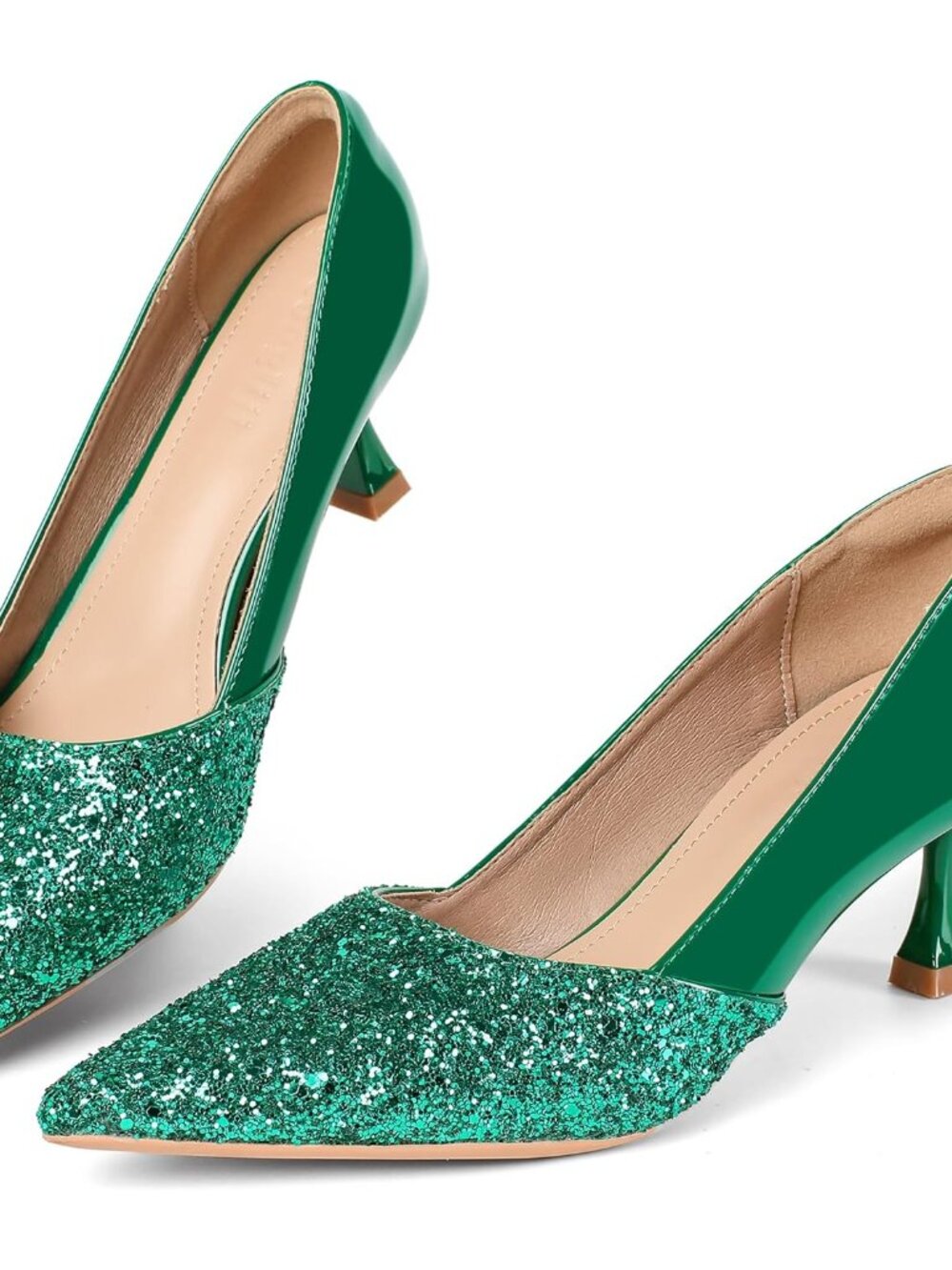 Women's Green Kitten High Heels 2 Inch Sequin Pointed Toe Leather Pumps Shoes - Picture 2 of 6